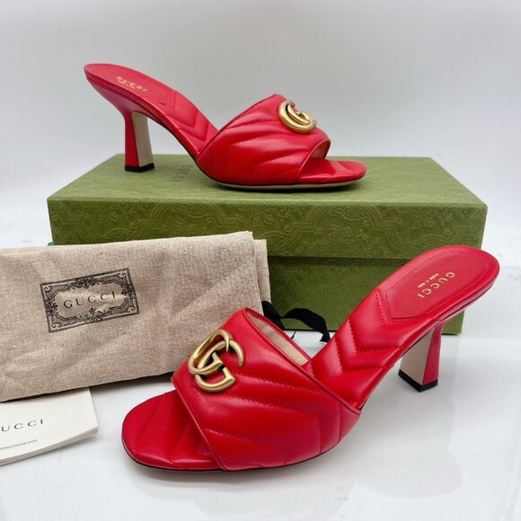 Gucci GG Marmont Matelasse Red Kitten Heels Sandals Leather EU 36.5 US 6.5 $1155 - Picture 1 of 13